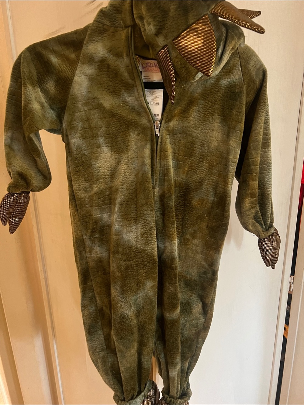 Olive Green Dinosaur Hooded Kids costume with gold Scales